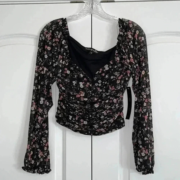 Almost Famous Black Floral Long Sleeve Crop Top With Built-in Bra - Picture 11 of 14